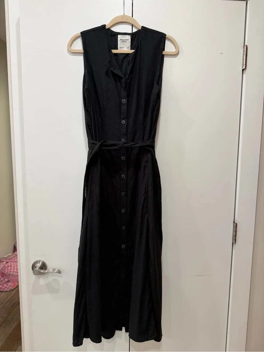Abercrombie & Fitch Black Linen Blend Sleeveless Button Maxi Dress Pockets LP